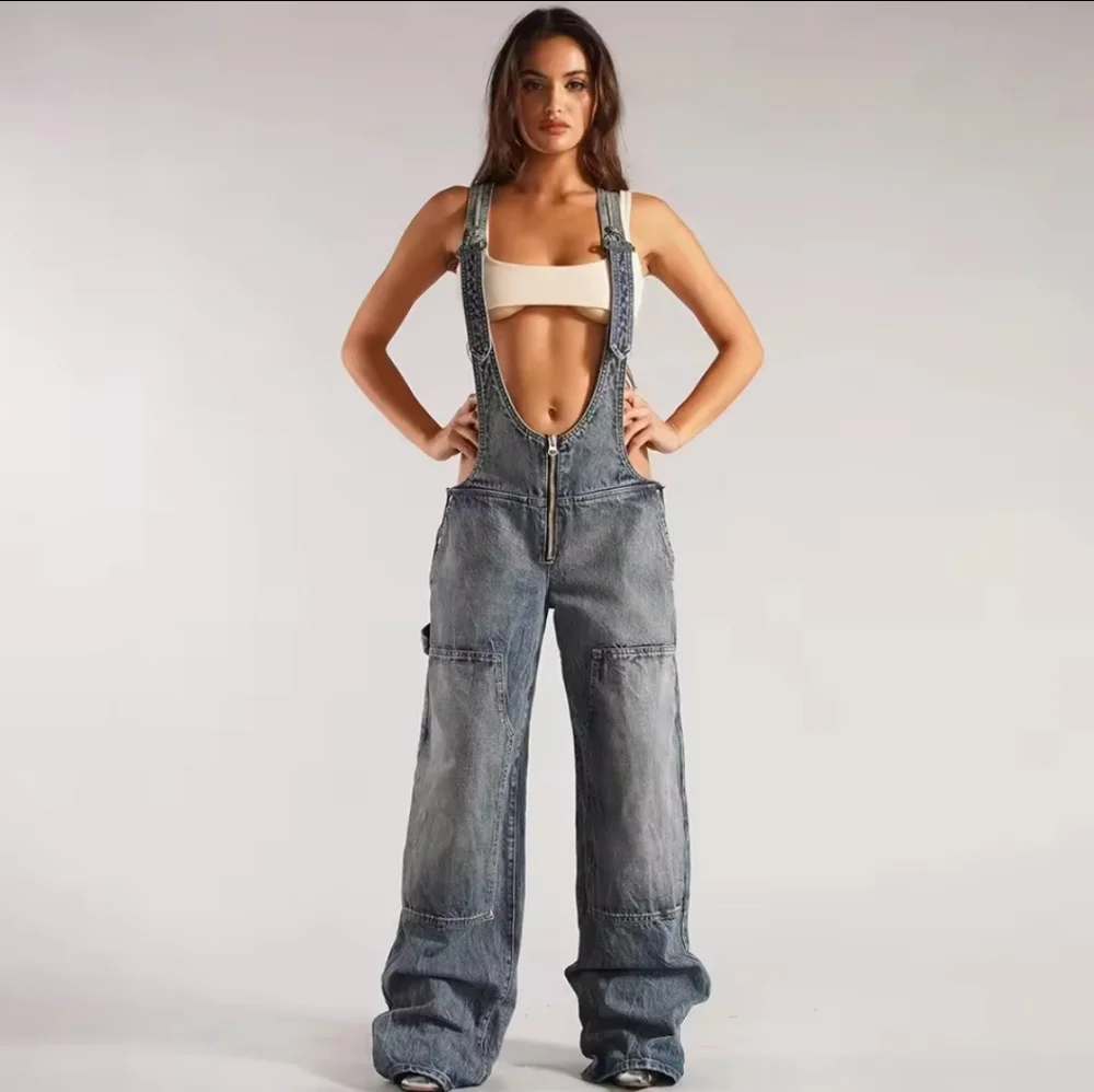 Jumpsuits Women Jeans Overalls Sexy BacklessVintage Full Length Denim Straight - Picture 2 of 8